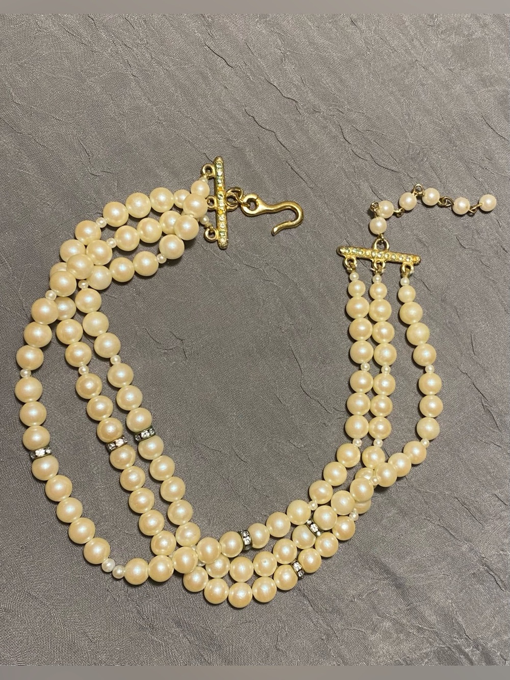 Vtg Triple Strand Pearl & Rhinestone Choker Necklace